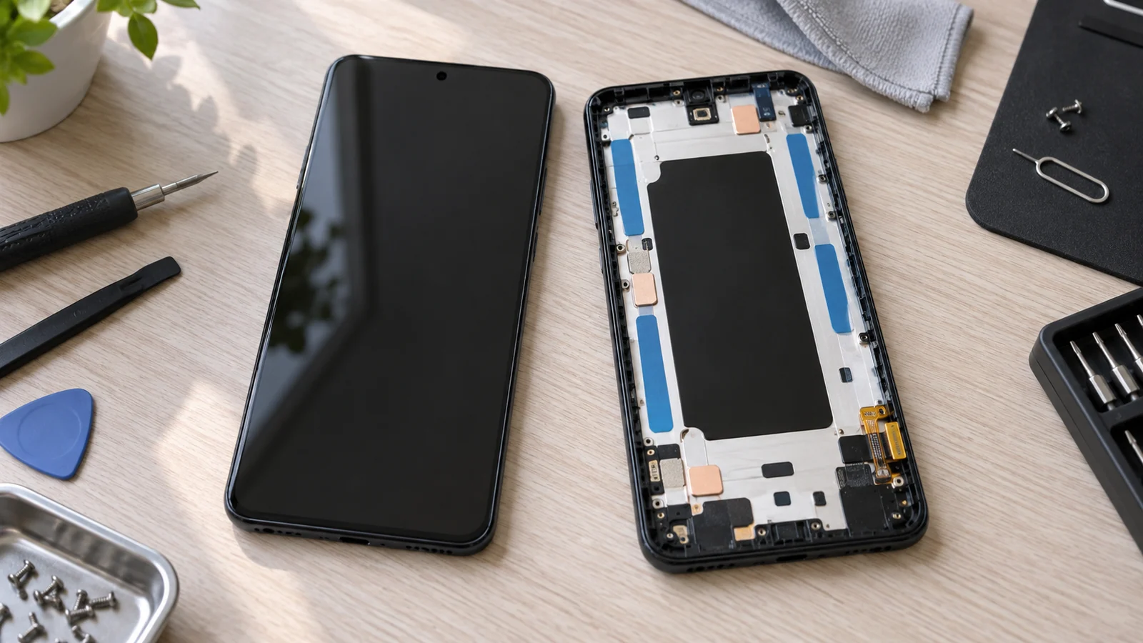 Два дисплейных модуля Samsung лежат рядом на светлом столе: левый экраном вверх с отверстием под камеру, правый обратной стороной, видна чёрная рамка, белая подложка с голубыми полосками скотча и оранжевый шлейф