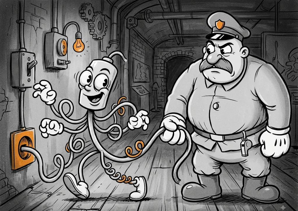 Кадр в стиле рисованного мультфильма тридцатых годов: кабель-персонаж с бегающими глазами крадётся на цыпочках, охранник держит его за хвост