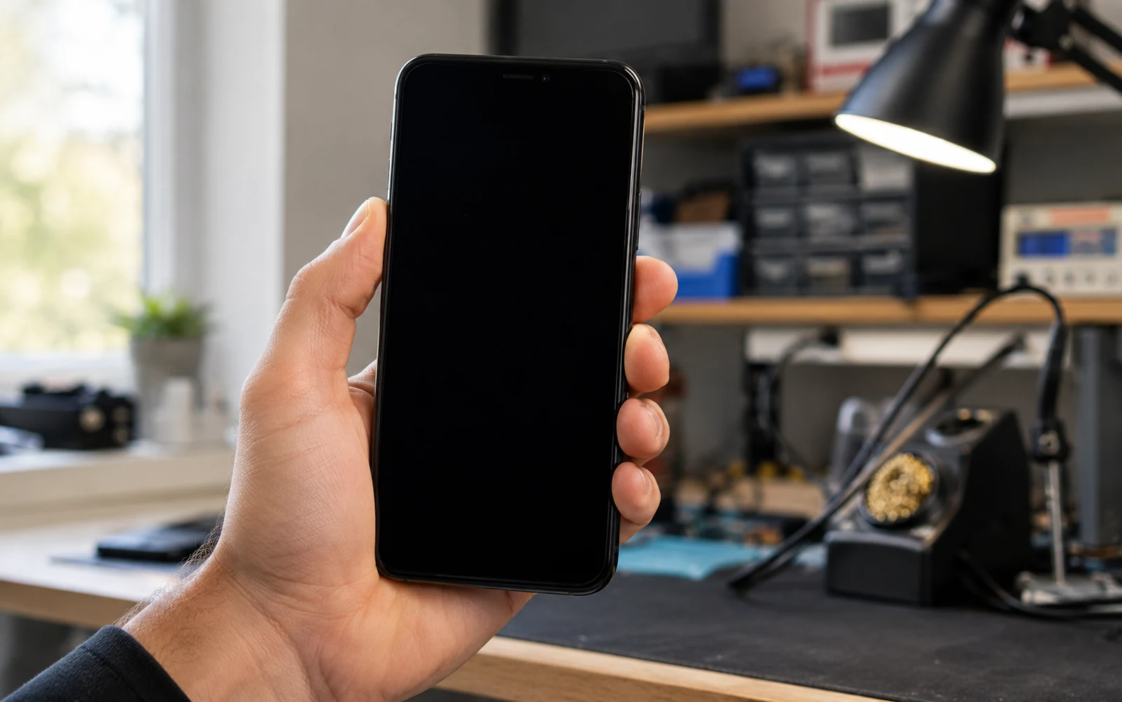 Рука держит iPhone с чёрным экраном, палец лежит на боковой кнопке, на заднем плане рабочий стол мастерской с инструментом