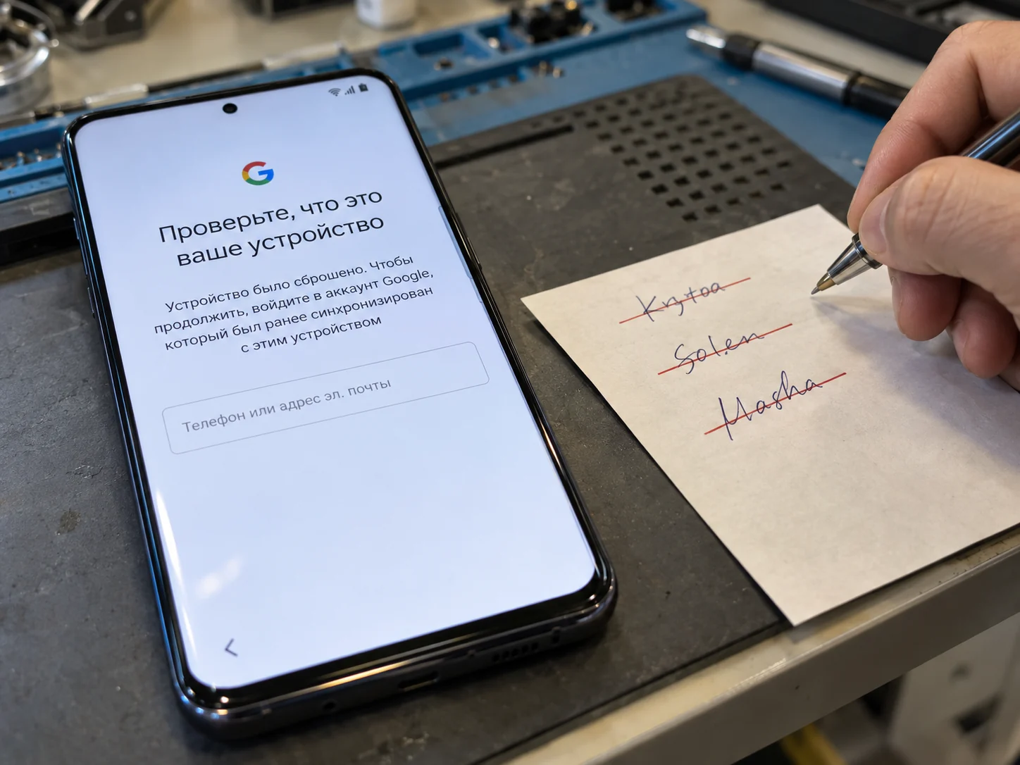 Смартфон на столе мастерской с экраном «Проверьте, что это ваше устройство» и полем для почты Google, рядом хозяин с ручкой зачёркивает на бумажке третий вариант пароля
