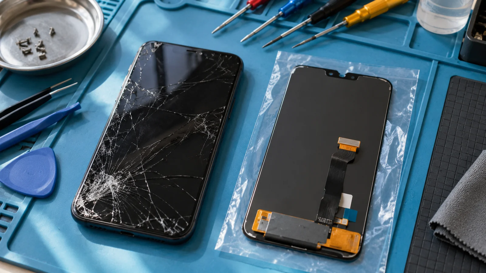 Разбитый экран iPhone 13 и новый дисплейный модуль в защитной плёнке лежат рядом на синем ремонтном коврике