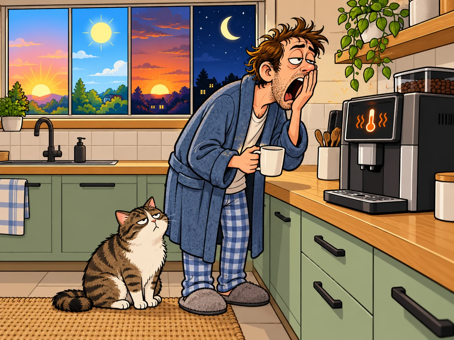 Мужчина в халате зевает с чашкой в руке у кофемашины, на экране которой горит значок прогрева. В четырёх створках окна за ним рассвет, день, закат и ночь, у ног ждёт кот.