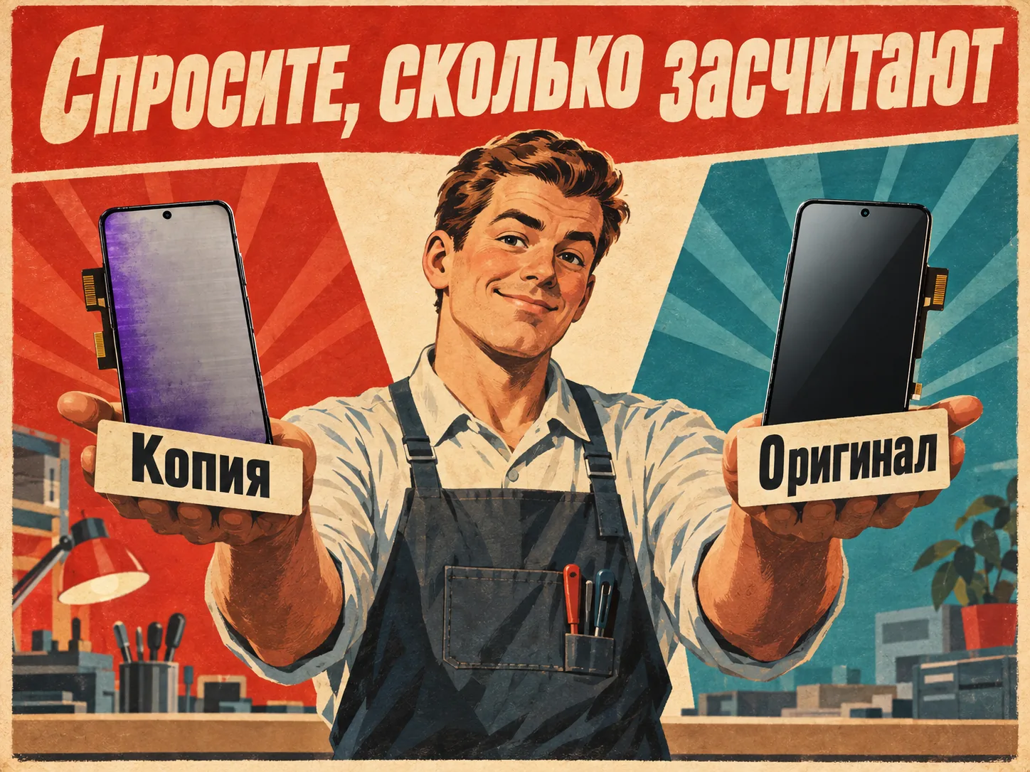 Ретро-плакат: мастер держит два экрана как чаши весов, подписанные «Копия» и «Оригинал», над ним надпись «Спросите, сколько засчитают»