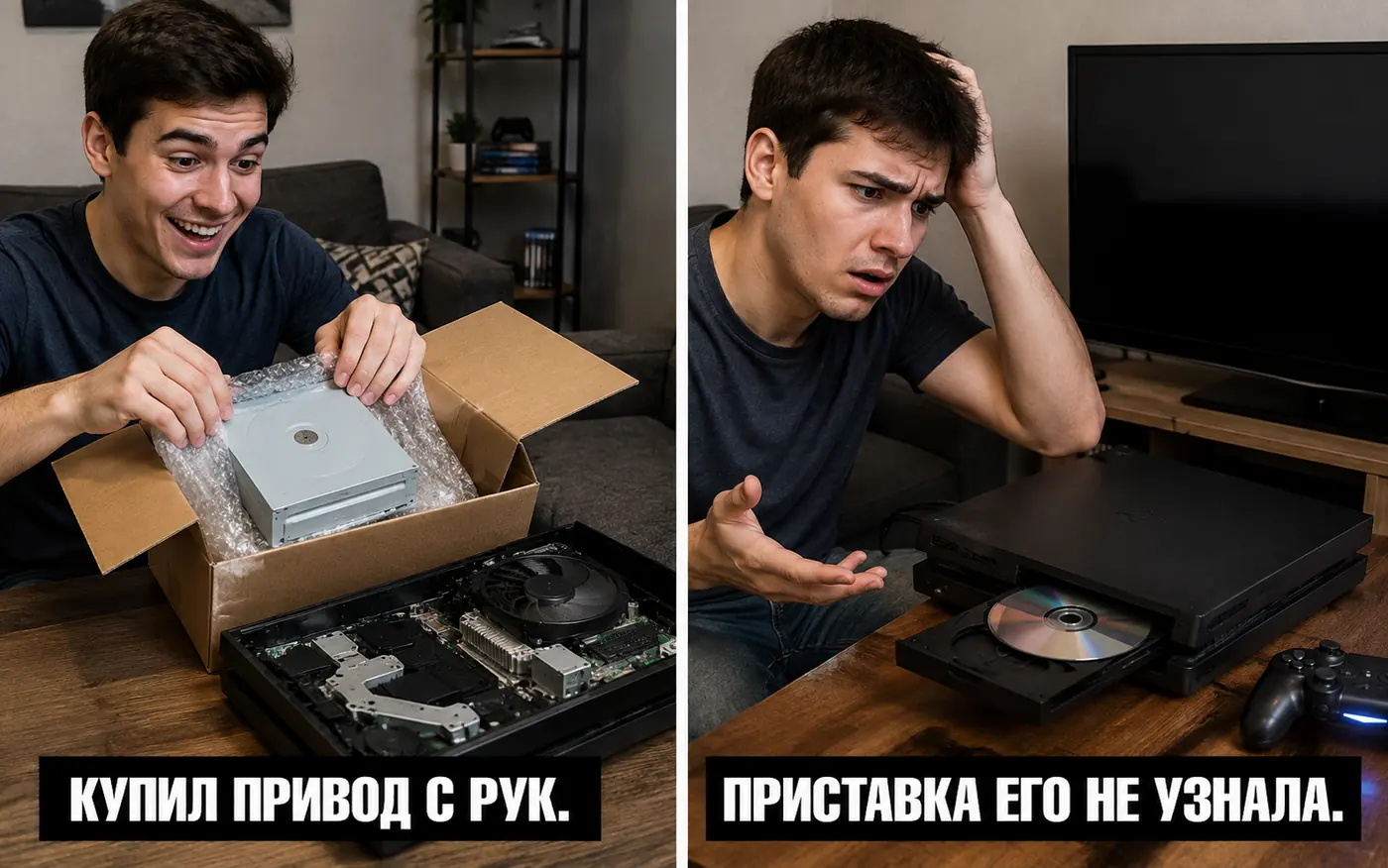 Мем из двух панелей: слева довольный парень распаковывает купленный с рук привод приставки с подписью «купил привод с рук», справа он же растерянно смотрит на приставку с выехавшим лотком и диском, подпись «приставка его не узнала»