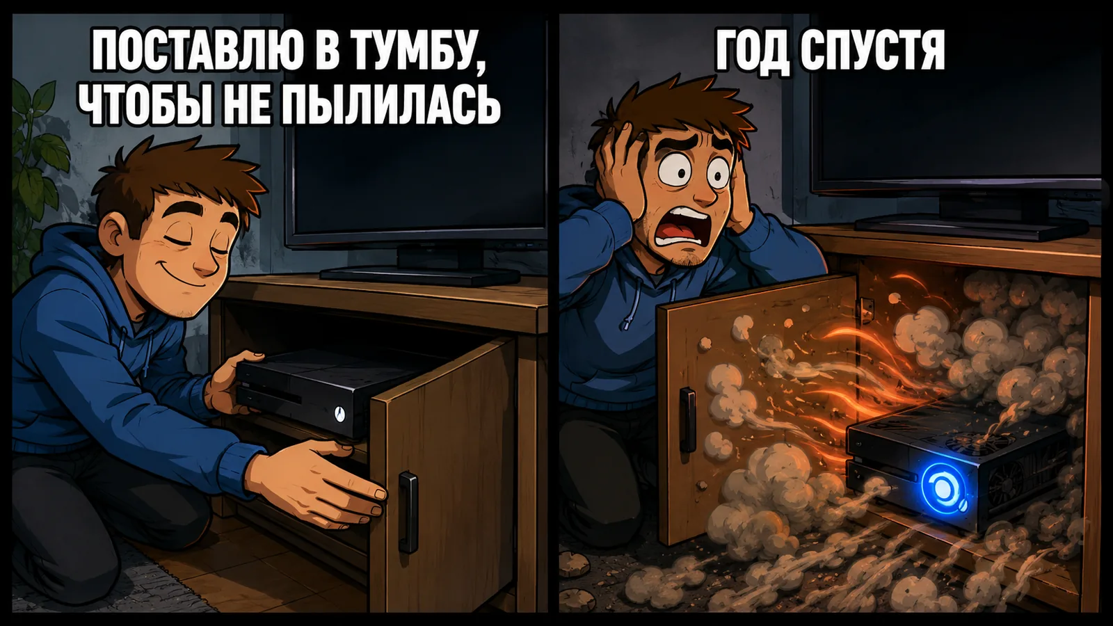 Мем из двух панелей: слева довольный парень задвигает игровую приставку в закрытую тумбу под телевизором, подпись «Поставлю в тумбу, чтобы не пылилась»; справа он же в ужасе хватается за голову, из распахнутой тумбы валит пыль и горячий воздух, подпись «Год спустя»