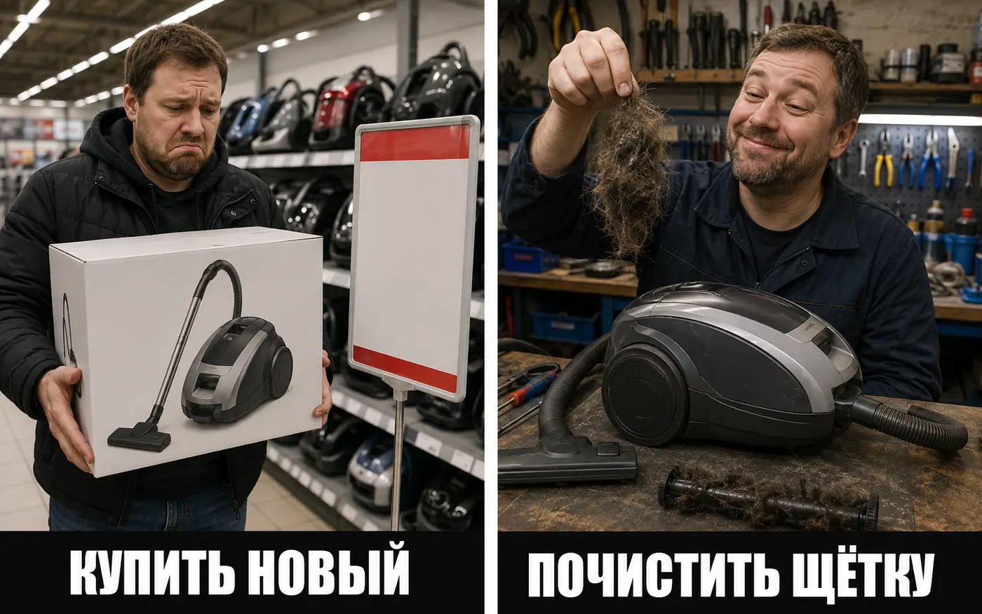 Мем из двух панелей: слева расстроенный покупатель с коробкой нового пылесоса в магазине и подписью «купить новый», справа довольный мастер держит вытащенный из щётки жгут волос над рабочим пылесосом, подпись «почистить щётку»