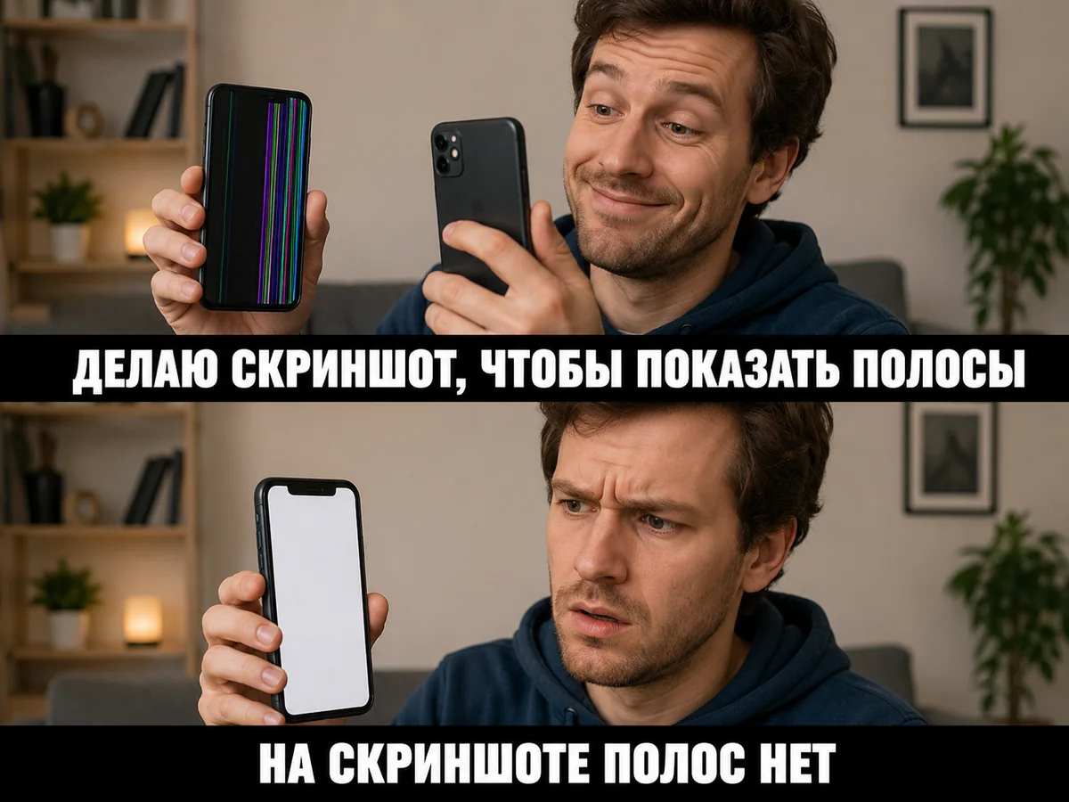 Мем из двух кадров: сверху человек радостно снимает экран с полосами на второй телефон, снизу растерянно смотрит на скриншот, где полос нет