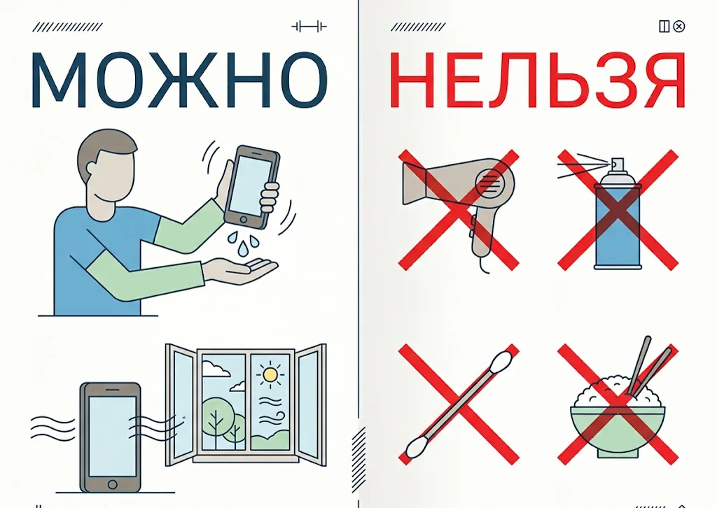 Плоская инструкция из двух половин: под заголовком «МОЖНО» человек держит телефон разъёмом вниз над ладонью и сушит его у открытого окна, под заголовком «НЕЛЬЗЯ» перечёркнуты красным фен, баллон со сжатым воздухом, ватная палочка и миска риса