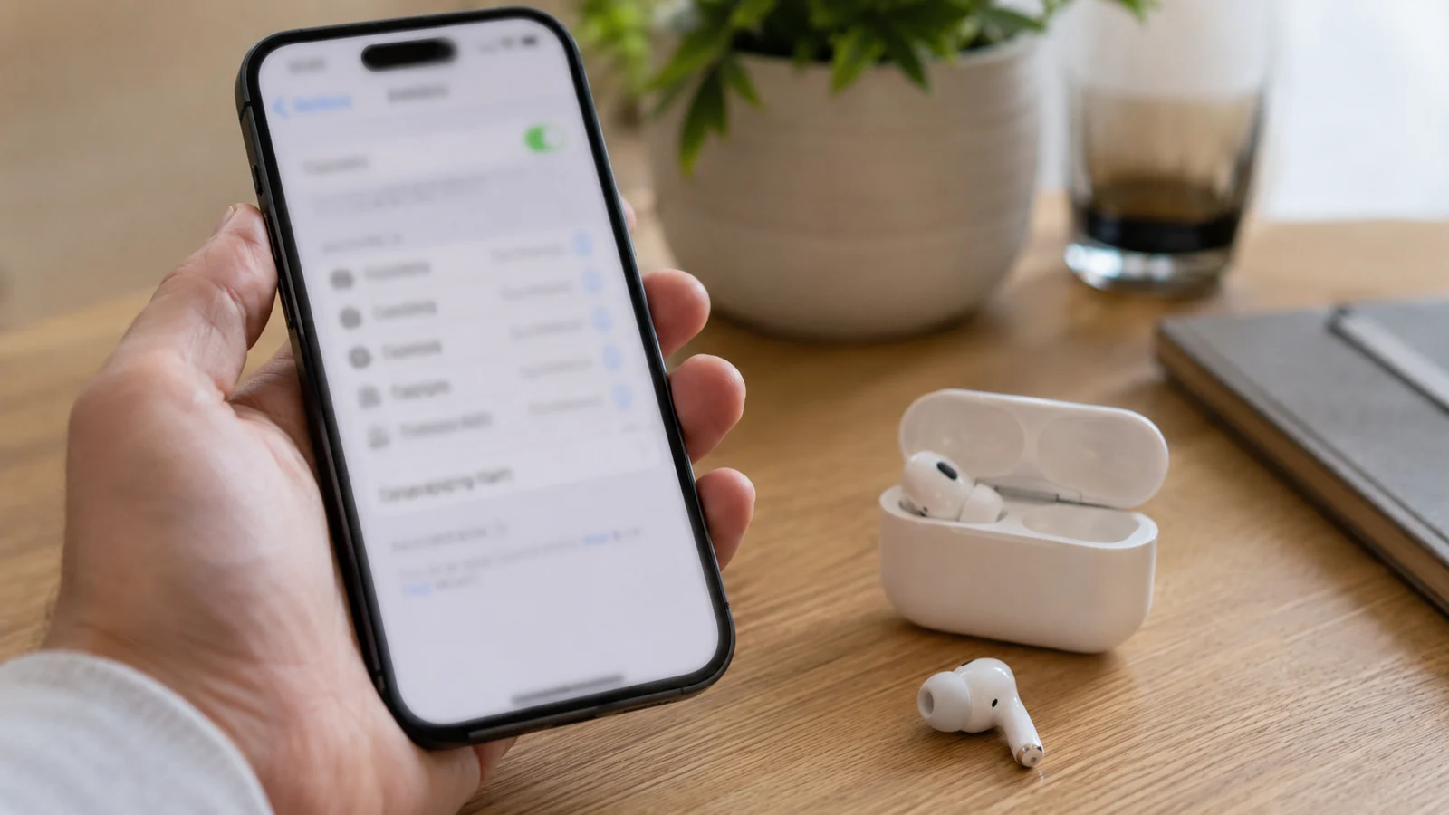 Рука держит смартфон с открытым списком Bluetooth-устройств, в котором два одинаковых значка наушников подряд, рядом на столе открытый белый кейс с одним наушником
