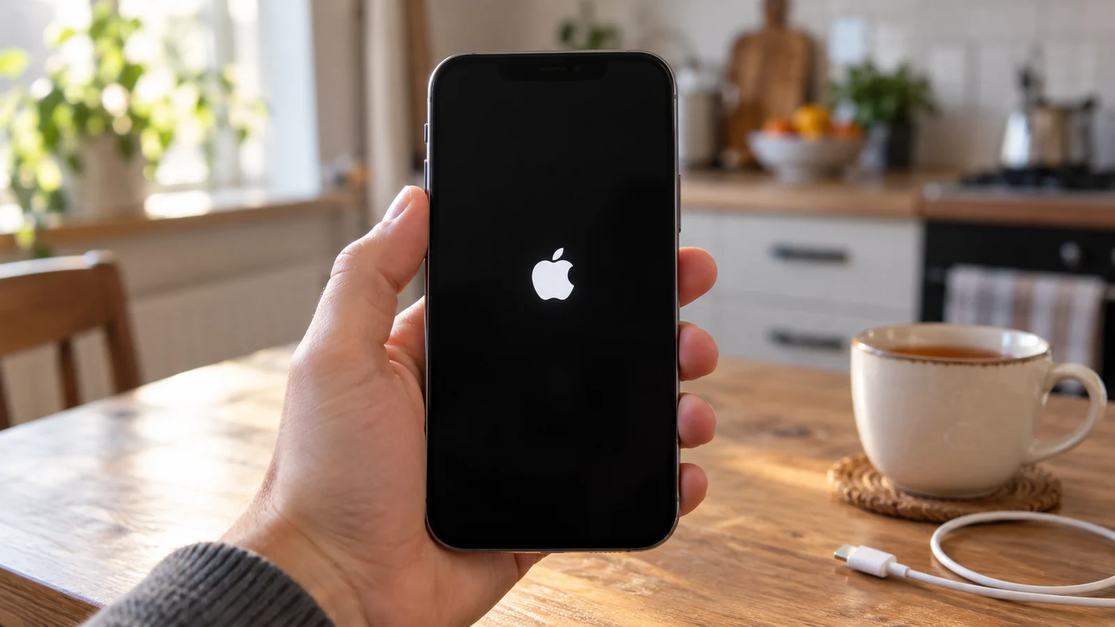 Айфон в руке над кухонным столом, чёрный экран светится белым логотипом Apple, рядом чашка и зарядный кабель.