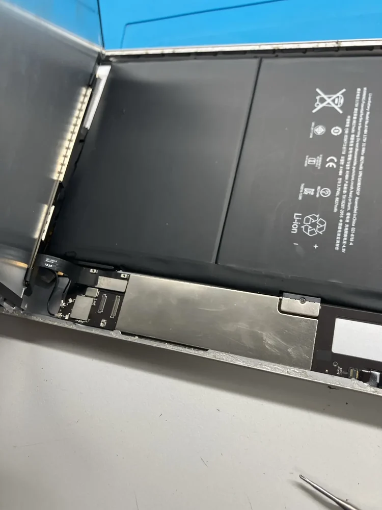 Открытый iPad 9 без дисплея: почти весь корпус занимает батарея, вдоль края идёт узкая плата, шлейф разъёма зарядки уходит на неё