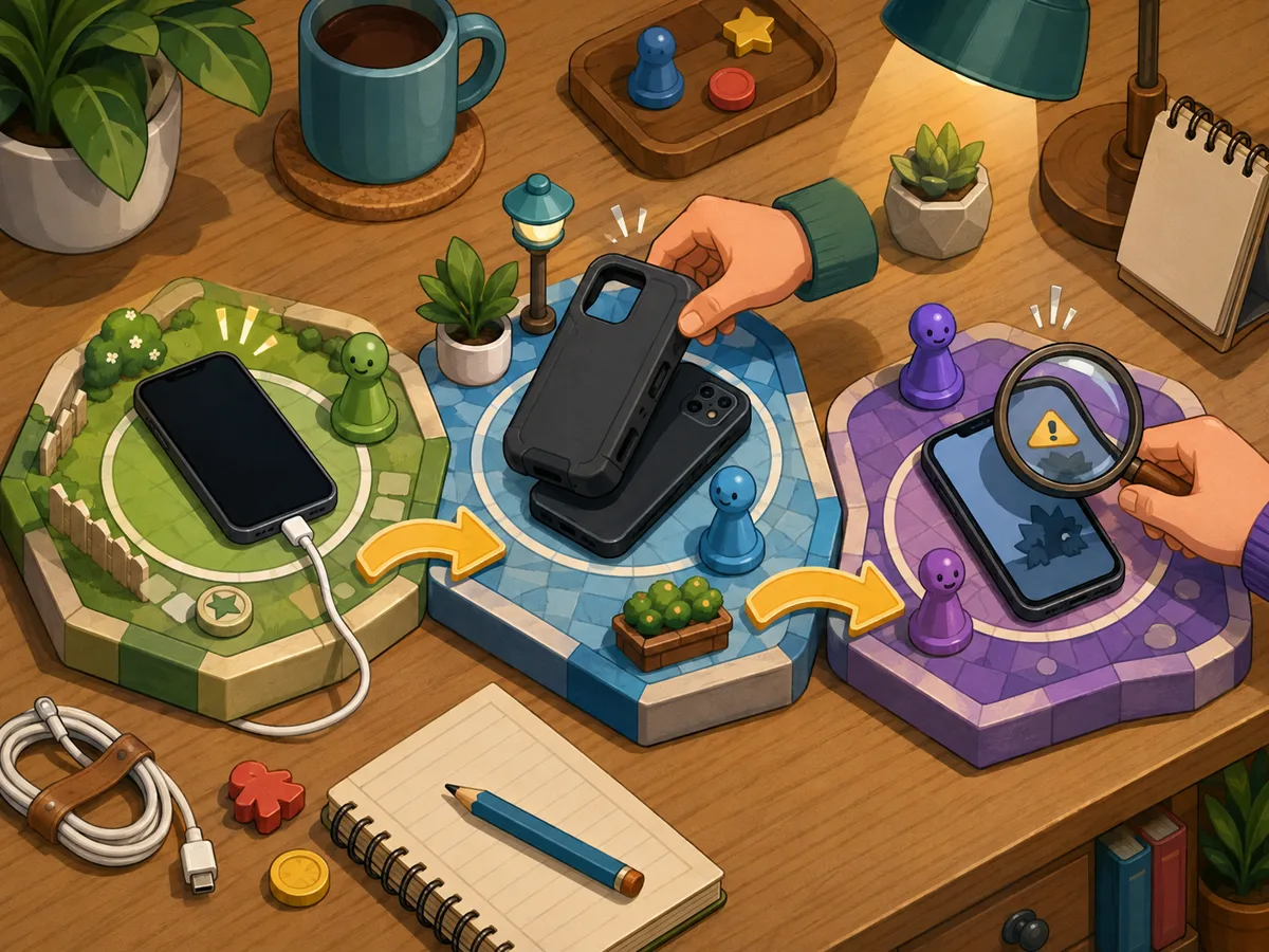 Изометрическая иллюстрация в духе настольной игры: три поля со стрелками между ними — телефон заряжается выключенным, рука снимает толстый чехол, лупа наведена на предупреждение на экране