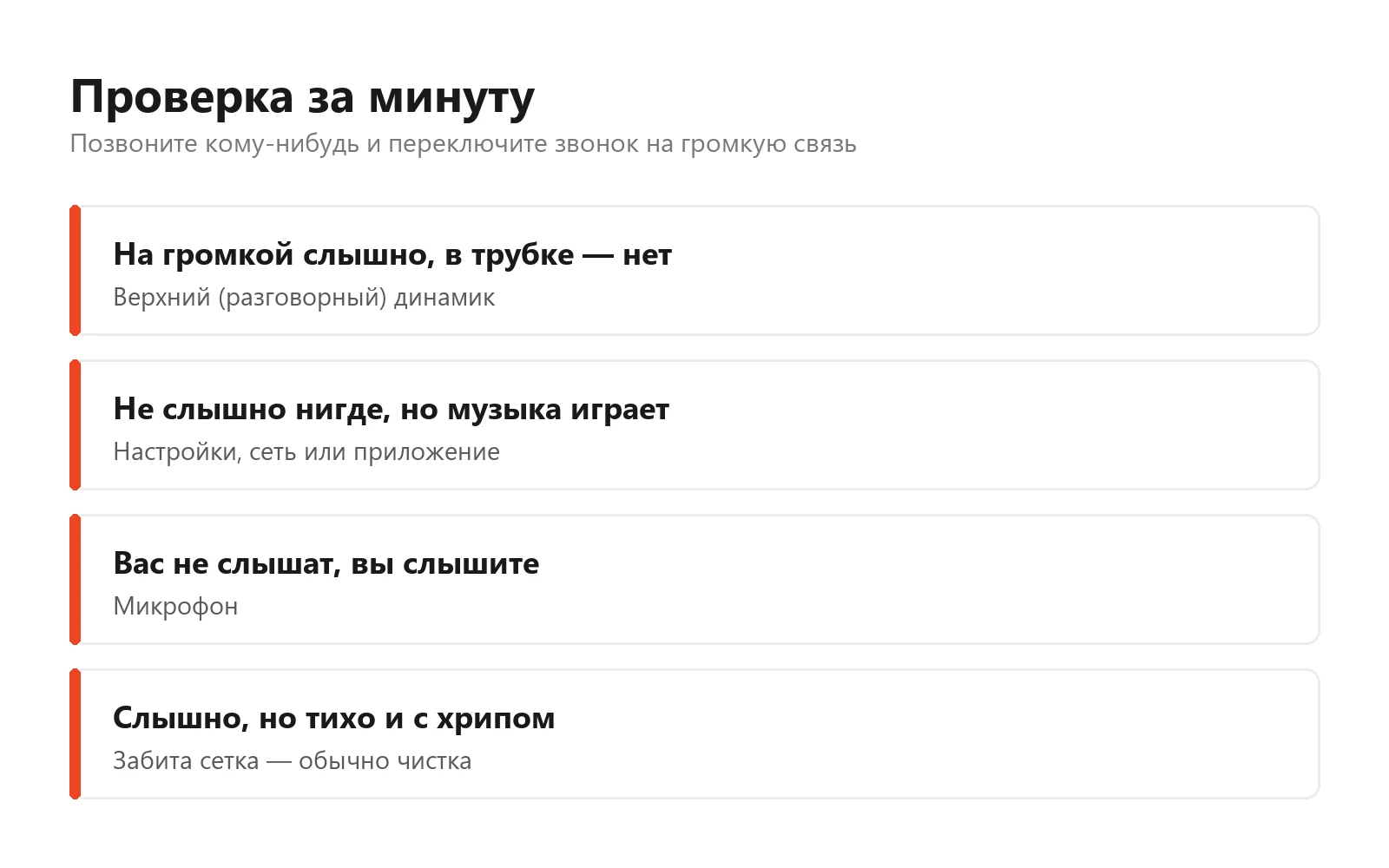 Схема проверки: переключите звонок на громкую связь и по результату определите деталь — верхний динамик, микрофон, забитая сетка или настройки телефона