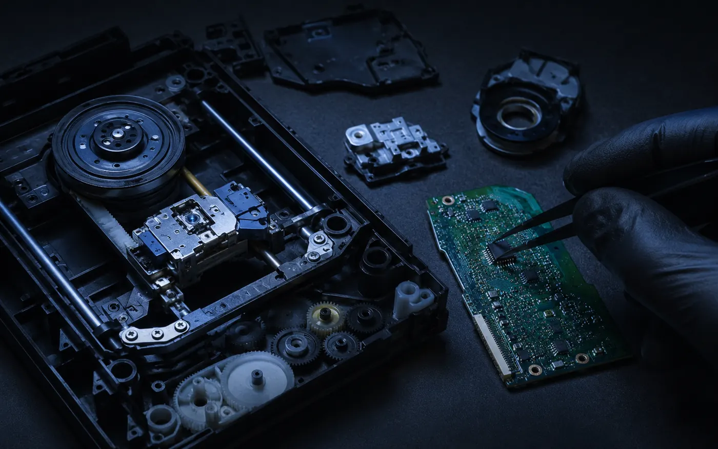 Схема привода PlayStation 4: лазерная головка на направляющих, шпиндель, шестерни подачи диска и плата привода с микросхемой, привязанной к материнской плате консоли