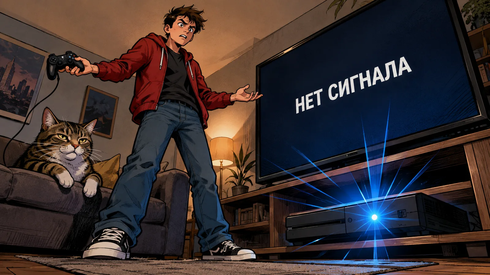 Игровая приставка PlayStation 4 на тумбе под телевизором, индикатор на корпусе светится синим, экран телевизора тёмный с надписью об отсутствии сигнала