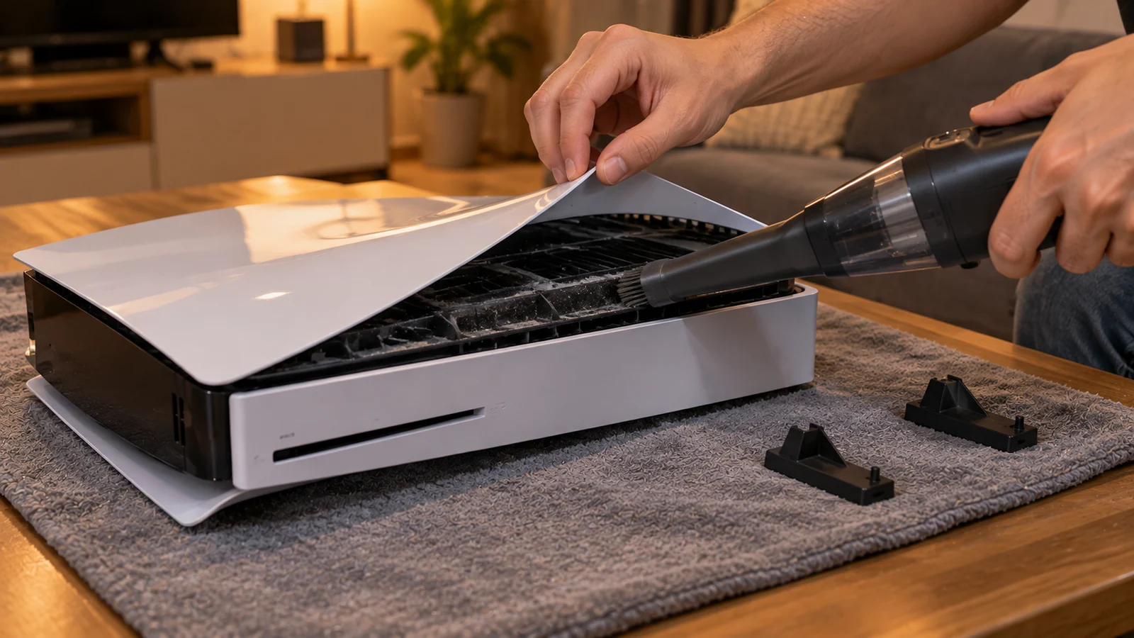 PS5 Slim лежит на серой ткани, ножки сняты и лежат рядом, одна белая панель приподнята, ручной пылесос с узкой насадкой у решётки пылеуловителя
