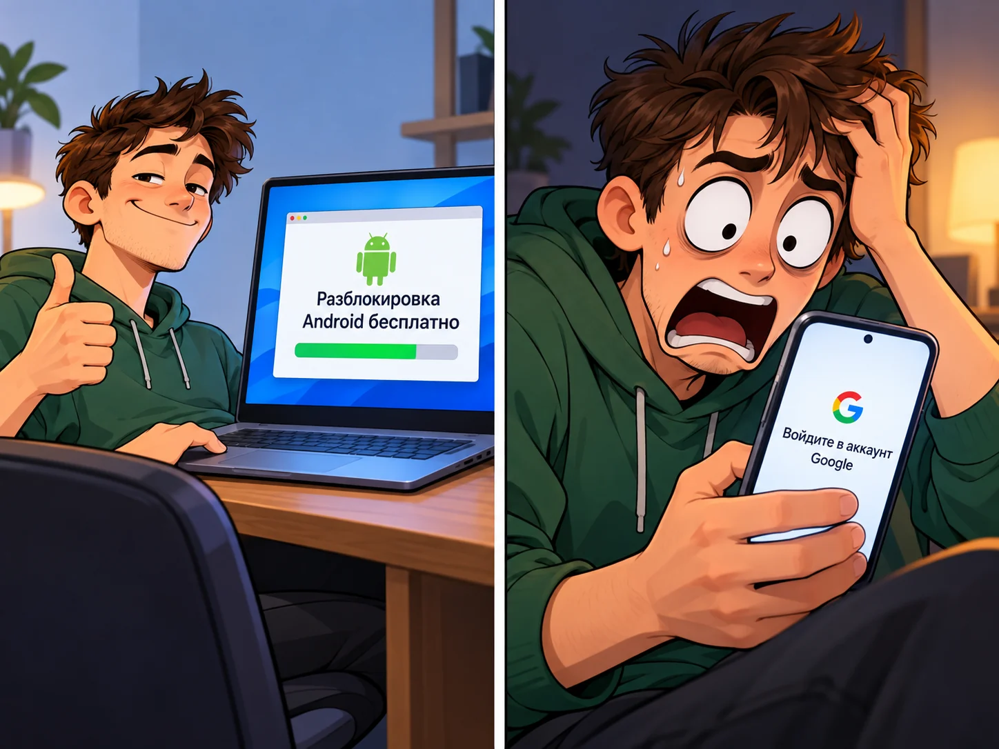 Мем в стиле комикса: человек скачивает программу «Разблокировка Android бесплатно», на втором кадре телефон пустой как из коробки и просит Google-аккаунт, у человека круглые глаза