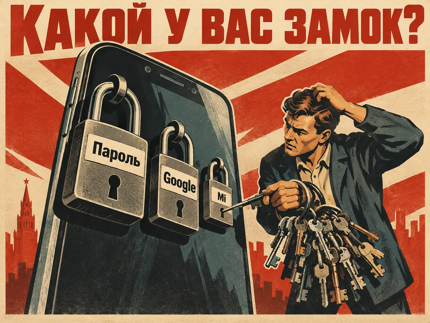 Плакат в духе советских агитплакатов: на огромном смартфоне висят три замка с бирками «Пароль», «Google» и «Mi», мужчина с большой связкой ключей примеряет не тот ключ, сверху надпись «Какой у вас замок?»