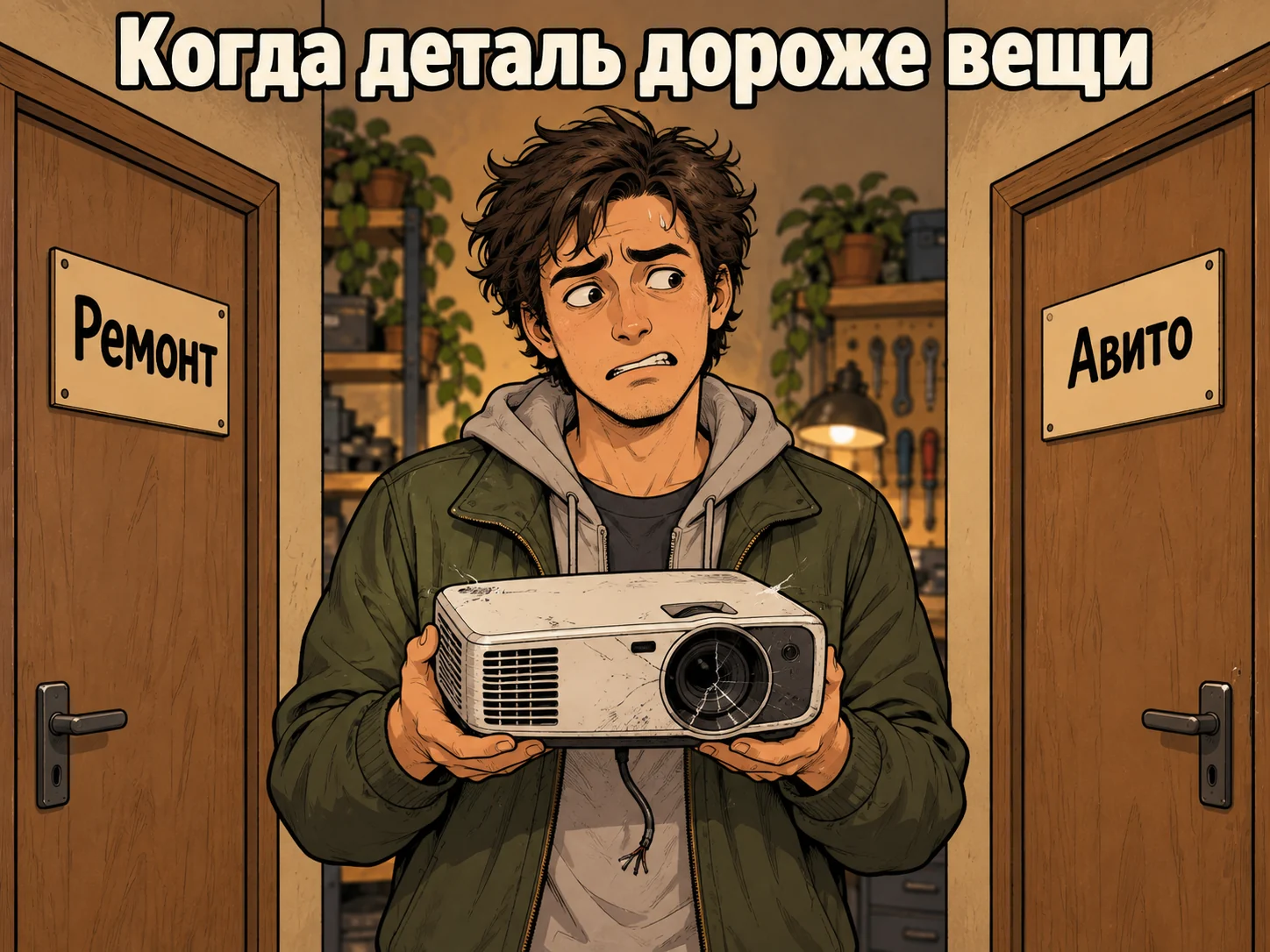 Мем-рисунок с подписью «Когда деталь дороже вещи»: озадаченный человек со сломанным проектором стоит между дверями с табличками «Ремонт» и «Авито»