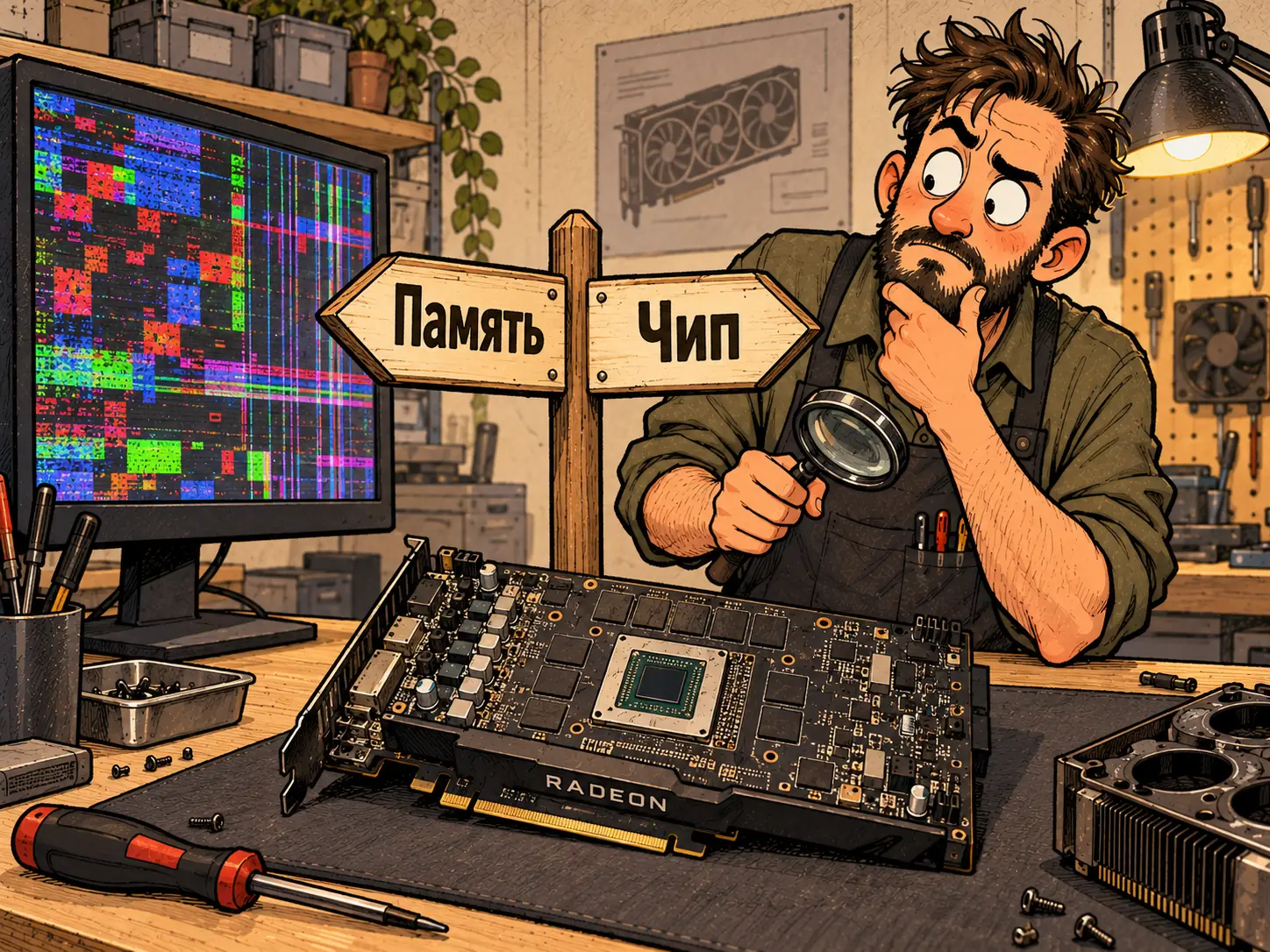 Рисунок: монитор с цветными квадратами-артефактами, перед ним видеокарта без кулера и дорожный указатель с табличками «Память» и «Чип», мастер думает с лупой в руке