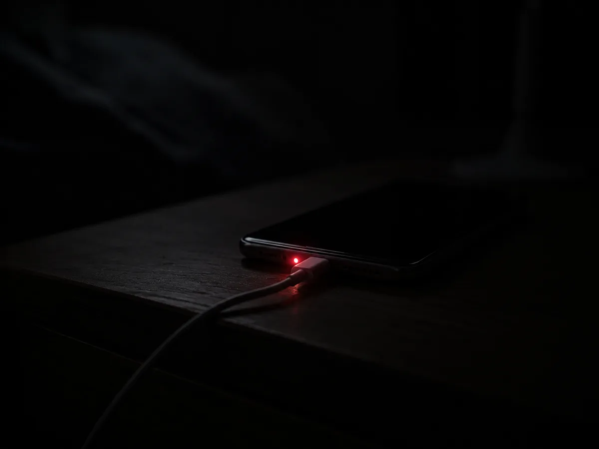 Тёмная комната, на столе лежит смартфон с подключённым кабелем, единственный источник света — маленький красный индикатор у нижней грани