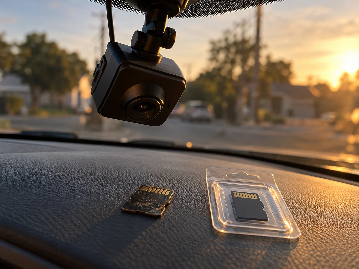 На приборной панели рядом лежат старая карта microSD с облезлой этикеткой и новая в прозрачной упаковке, над ними на стекле видеорегистратор.