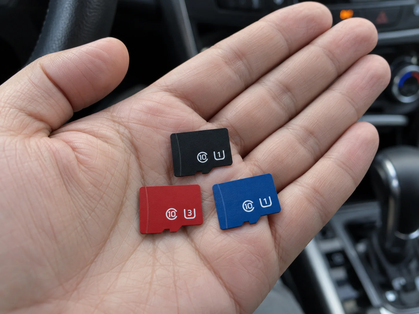 Три карты microSD на ладони в салоне машины. На каждой значок класса 10 в букве C, рядом значок U с цифрой: на чёрной и синей U1, на красной U3.