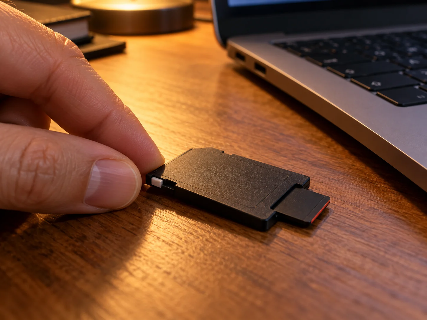 Карта microSD вставлена в большой адаптер SD рядом с ноутбуком, палец сдвигает маленький переключатель блокировки на боку адаптера.