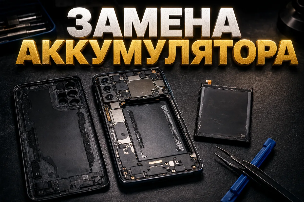 Разобранный смартфон Samsung на столе мастера: снятая задняя крышка, плата и вынутый аккумулятор рядом с пинцетом и лопаткой