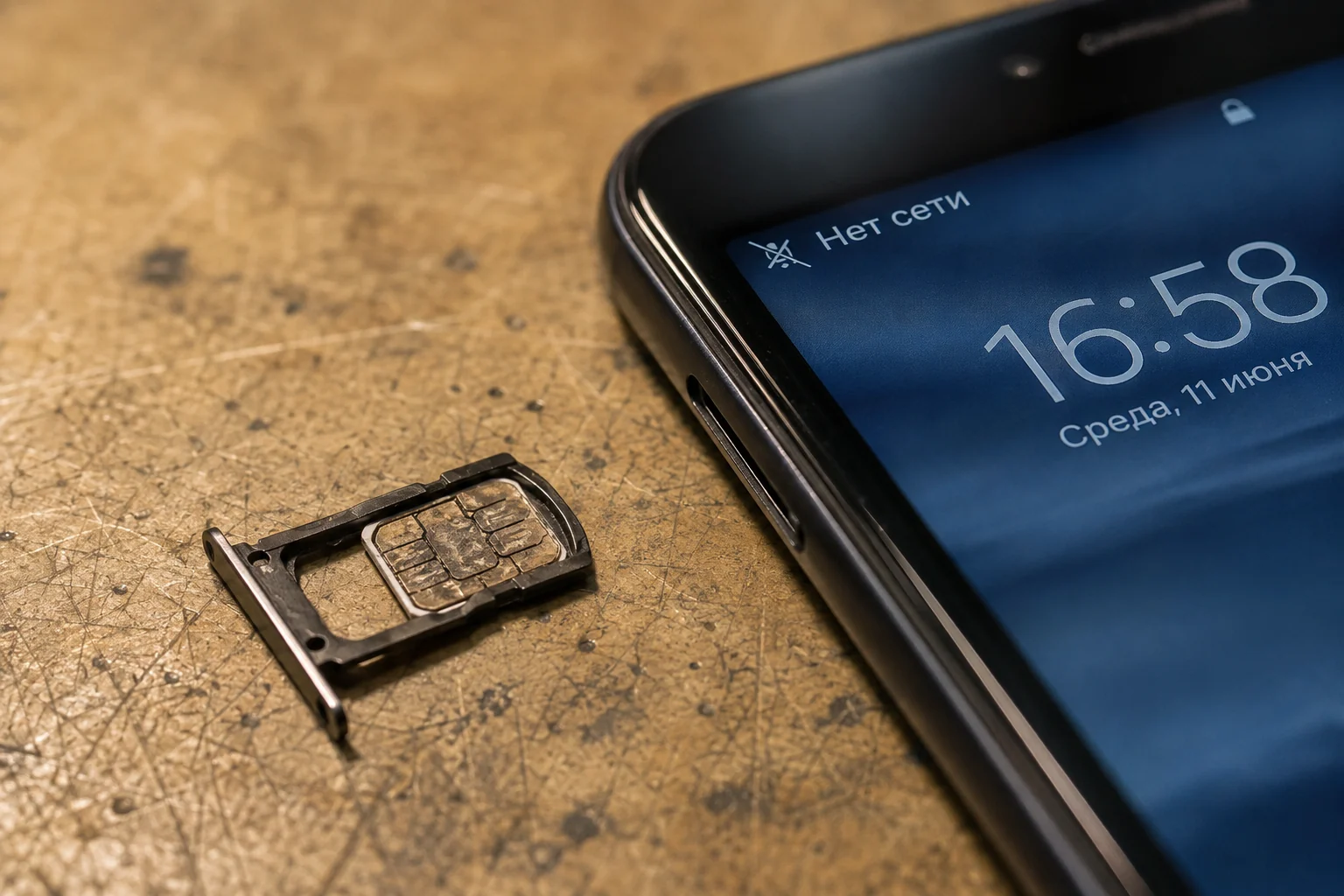 Выдвинутый лоток SIM-карты рядом с телефоном на столе мастерской: nano-SIM с потемневшими контактами в погнутом лотке, на экране телефона перечёркнутый значок сети