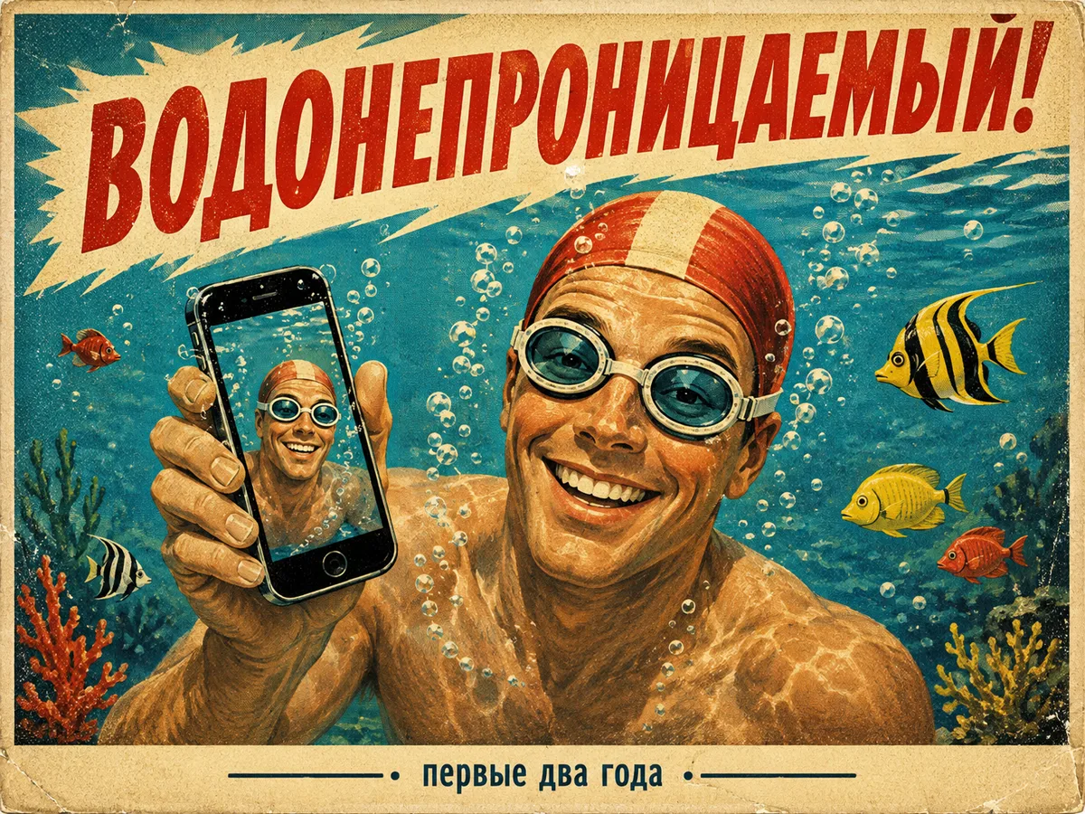 Ироничный рекламный плакат в стиле 1950-х: улыбающийся пловец с телефоном под водой и крупная надпись о водонепроницаемости