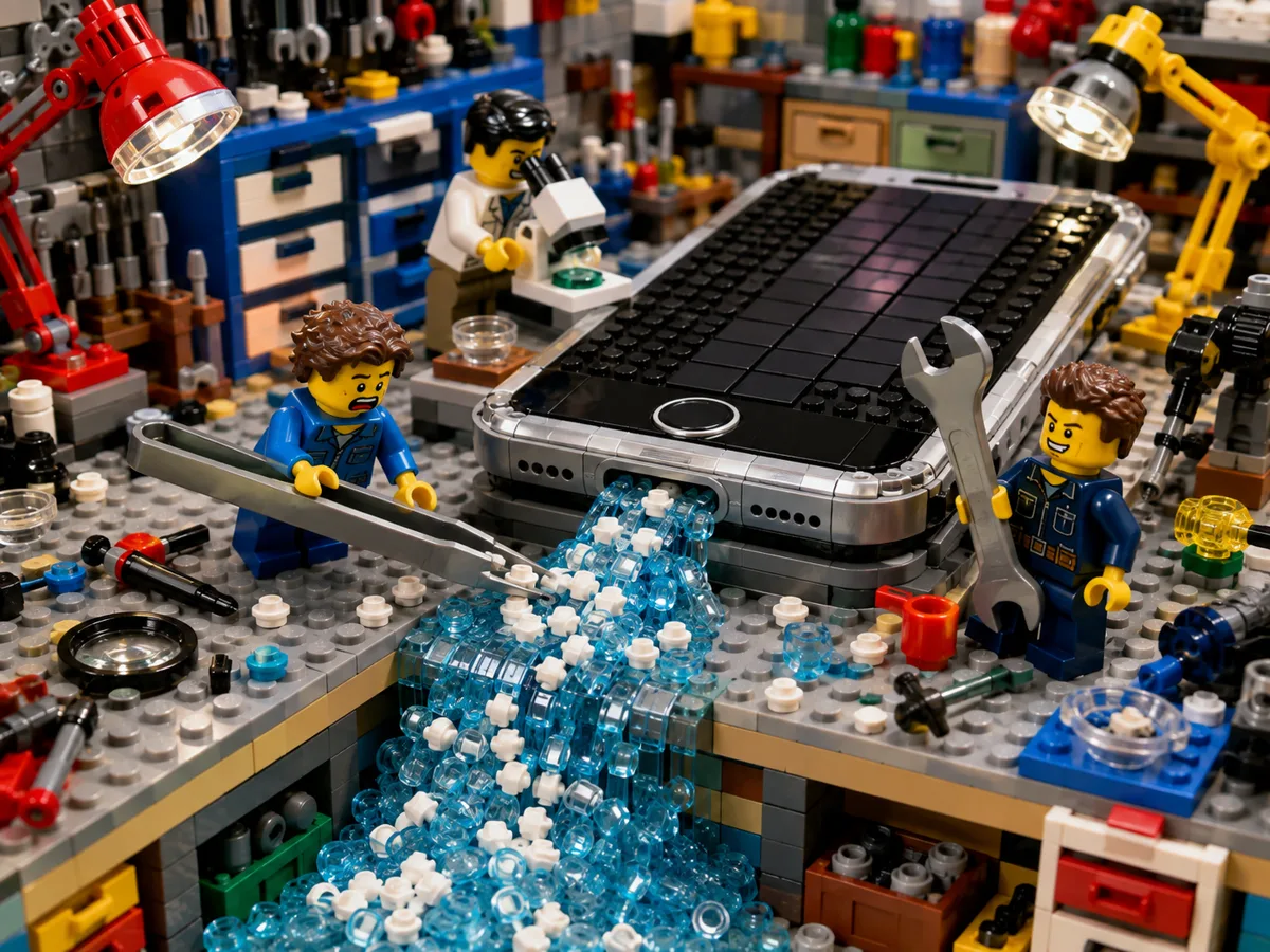 Сцена из кубиков лего: крошечные мастера чинят гигантский смартфон, из которого течёт вода, один достаёт крупинки из разъёма