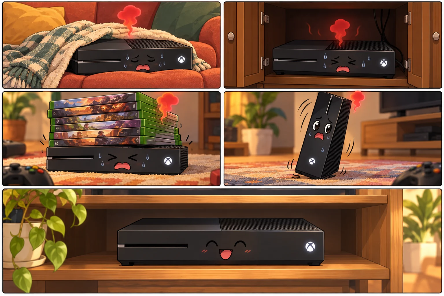 Комикс из пяти кадров: в первых четырёх Xbox One лежит на диване под пледом, стоит в закрытой тумбе, придавлена стопкой коробок от дисков и стоит боком без подставки, над приставкой в каждом кадре красная тучка жара; в пятом, большом, она лежит на открытой полке и улыбается