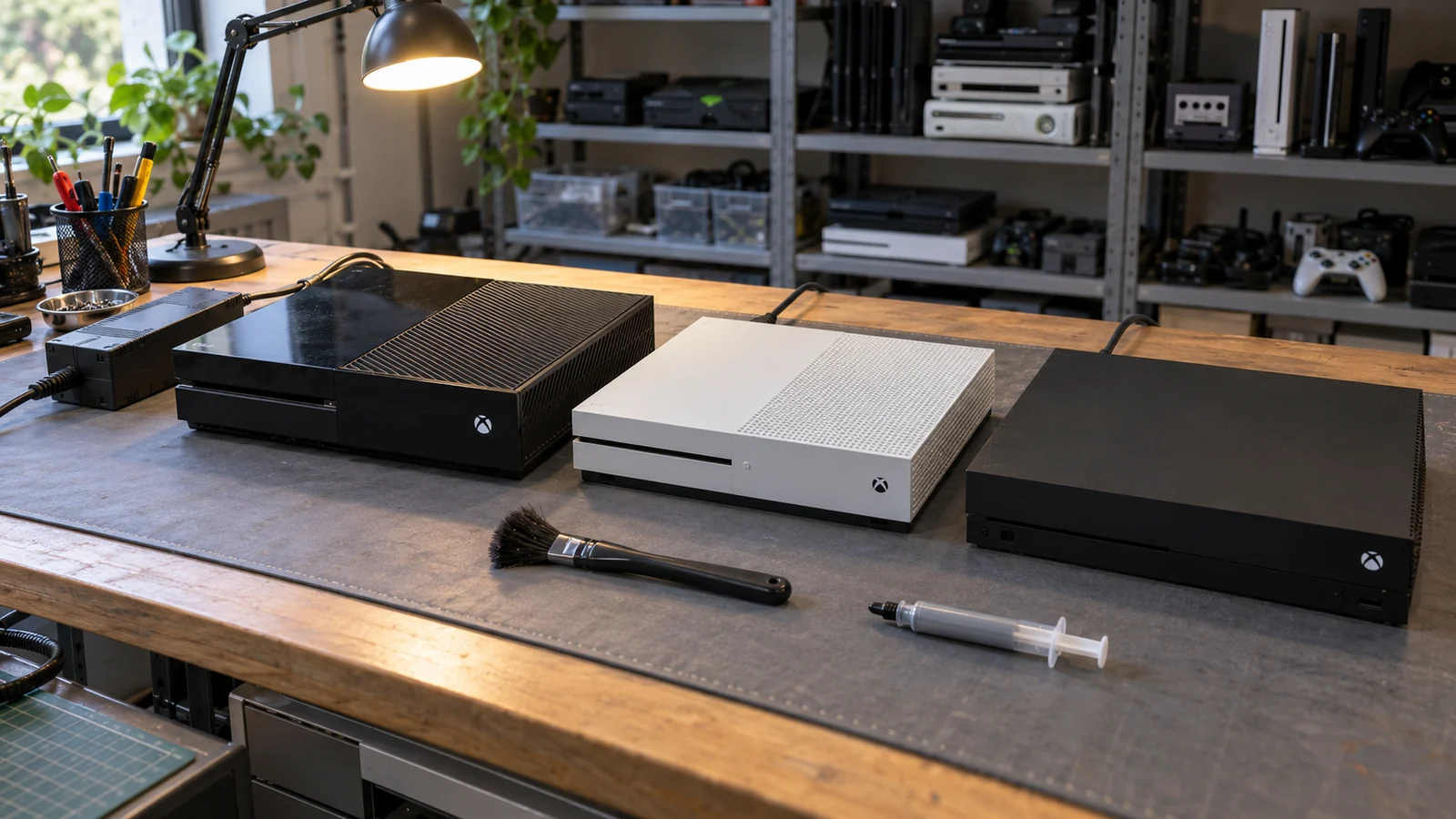 Три приставки Xbox One на рабочем столе мастерской: большая чёрная первая ревизия с отдельным блоком питания на проводе, компактная белая One S и чёрная One X, рядом кисть и шприц с термопастой