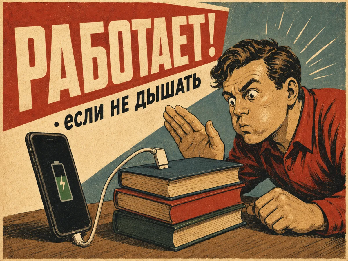 Ретро-плакат: телефон заряжается под углом, кабель подпёрт книжкой, крупная надпись «Работает, если не дышать»